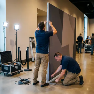 Red carpet backdrop being installed for a premiere