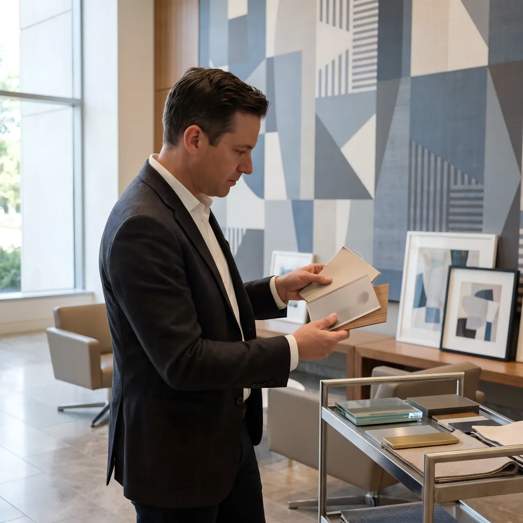 Corporate art consultant reviewing branded wall design