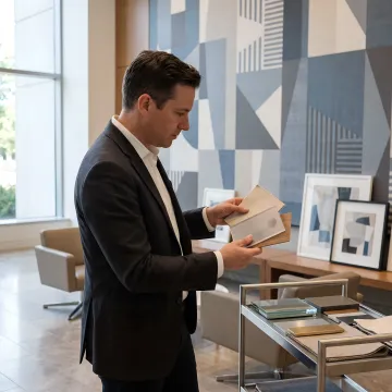 Corporate art consultant reviewing branded wall design