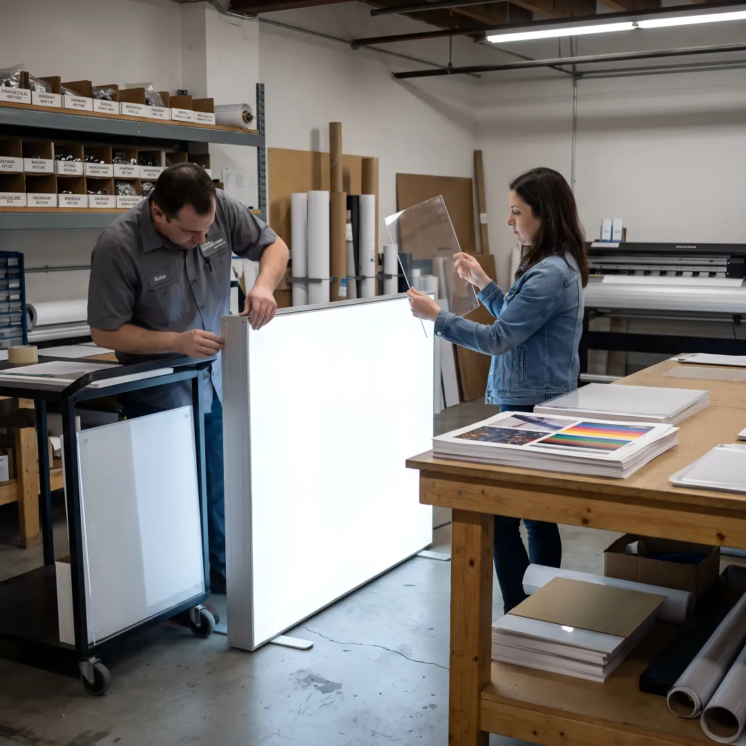 Team reviewing illuminated display graphics