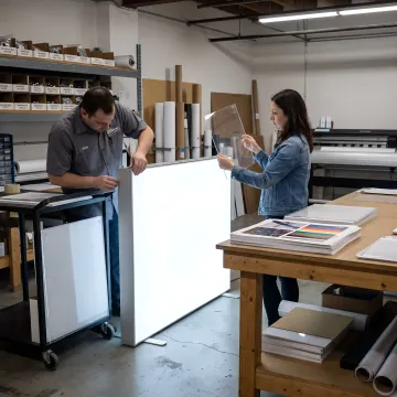 Team reviewing illuminated display graphics