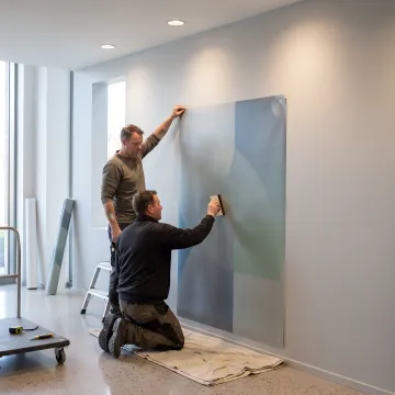 Team installing branded wall graphics in a commercial interior
