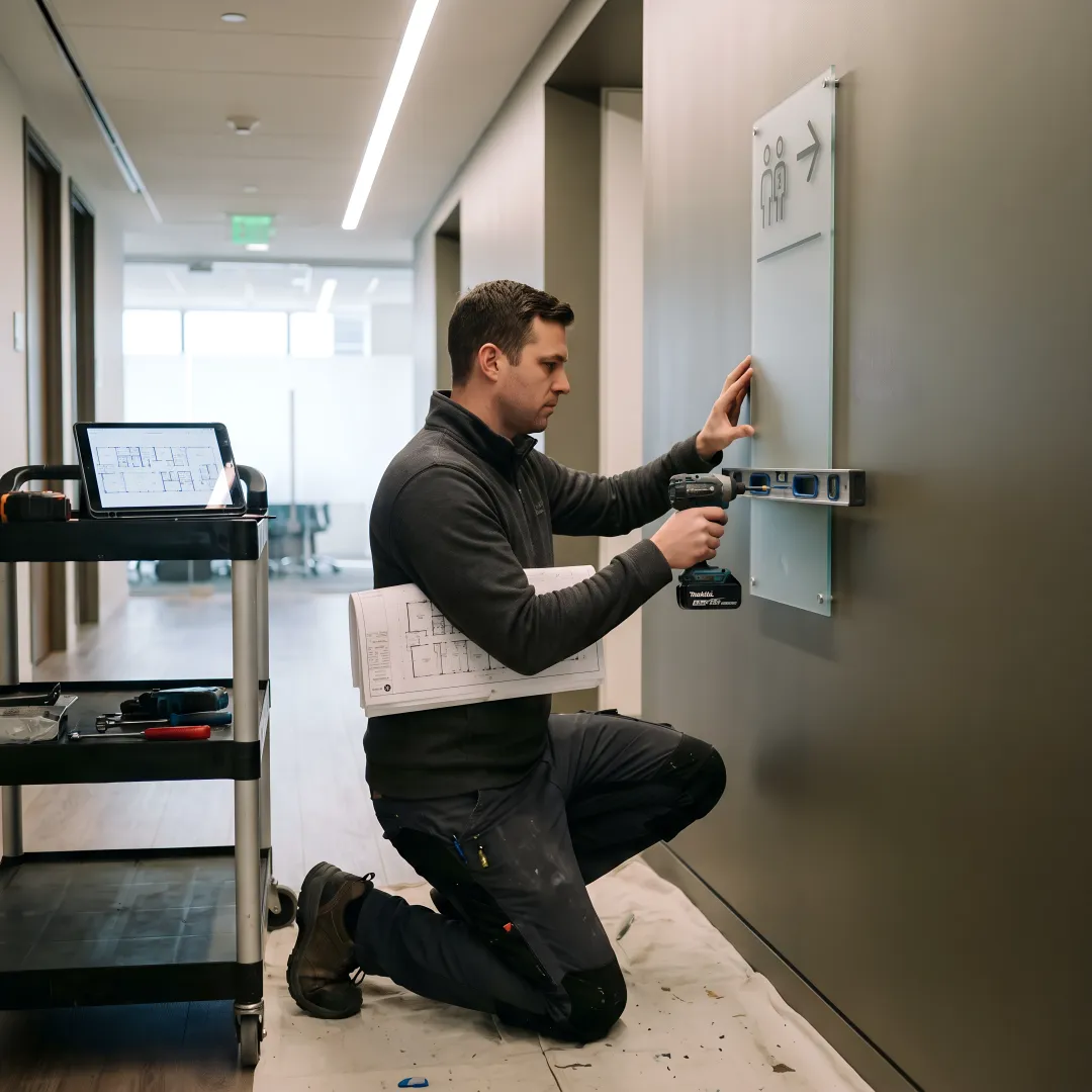 Designer installing branded directional signage in a corporate hallway