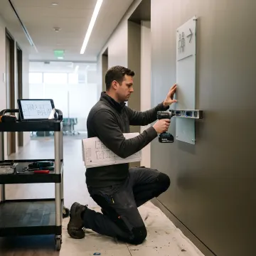 Designer installing branded directional signage in a corporate hallway
