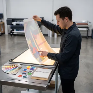 Technician reviewing translucent vinyl print samples