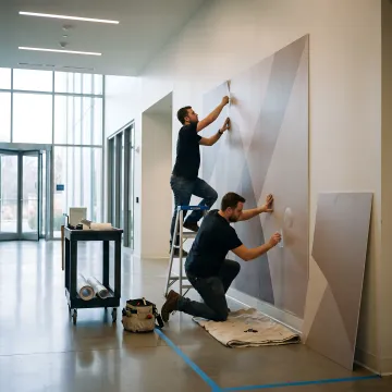 Team reviewing a custom business mural installation
