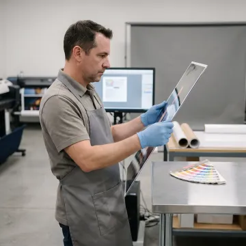 Technician reviewing custom acrylic photo print