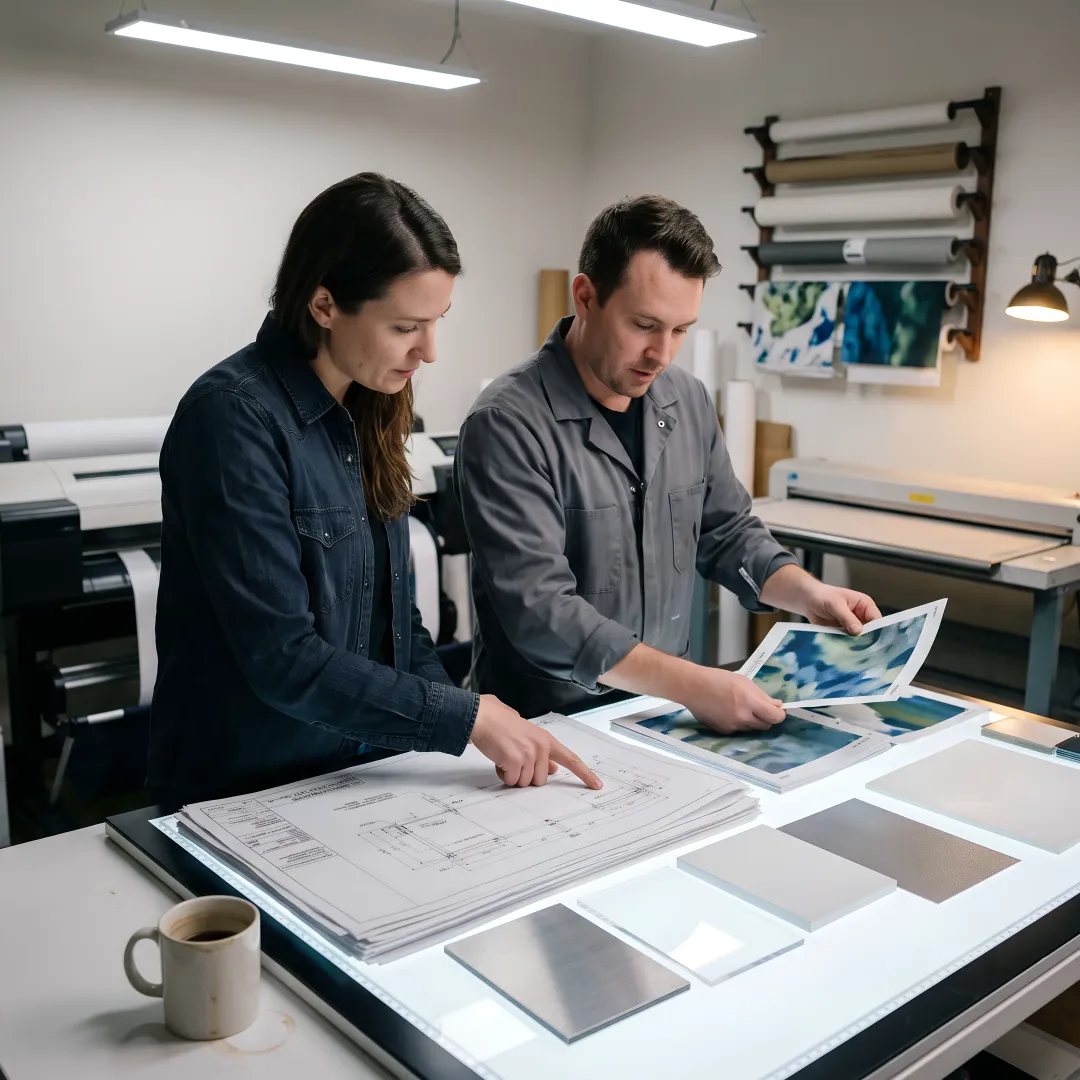 Art consulting team reviewing display plans