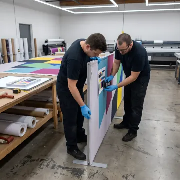 Team reviewing printed stage backdrop production