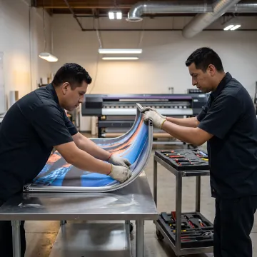 Team assembling a curved tension fabric display