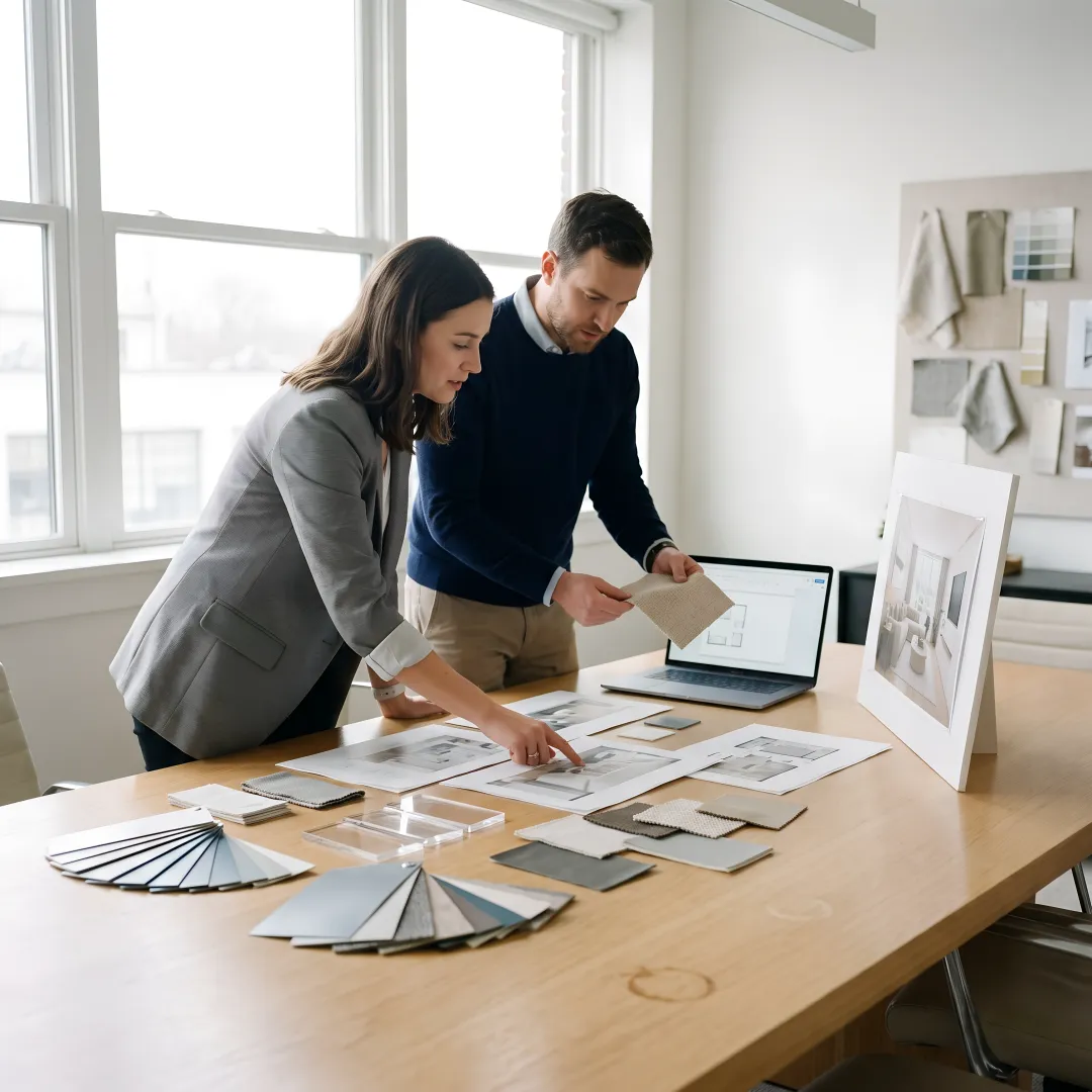 Team reviewing corporate art plans