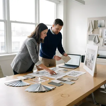 Team reviewing corporate art plans