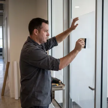 Installer applying branded decorative window film to glass
