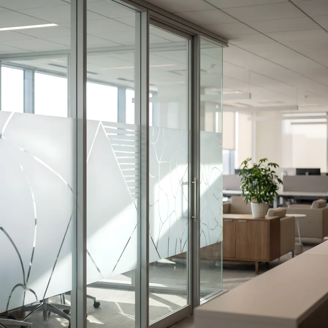 Custom decorative window film on modern glass office walls
