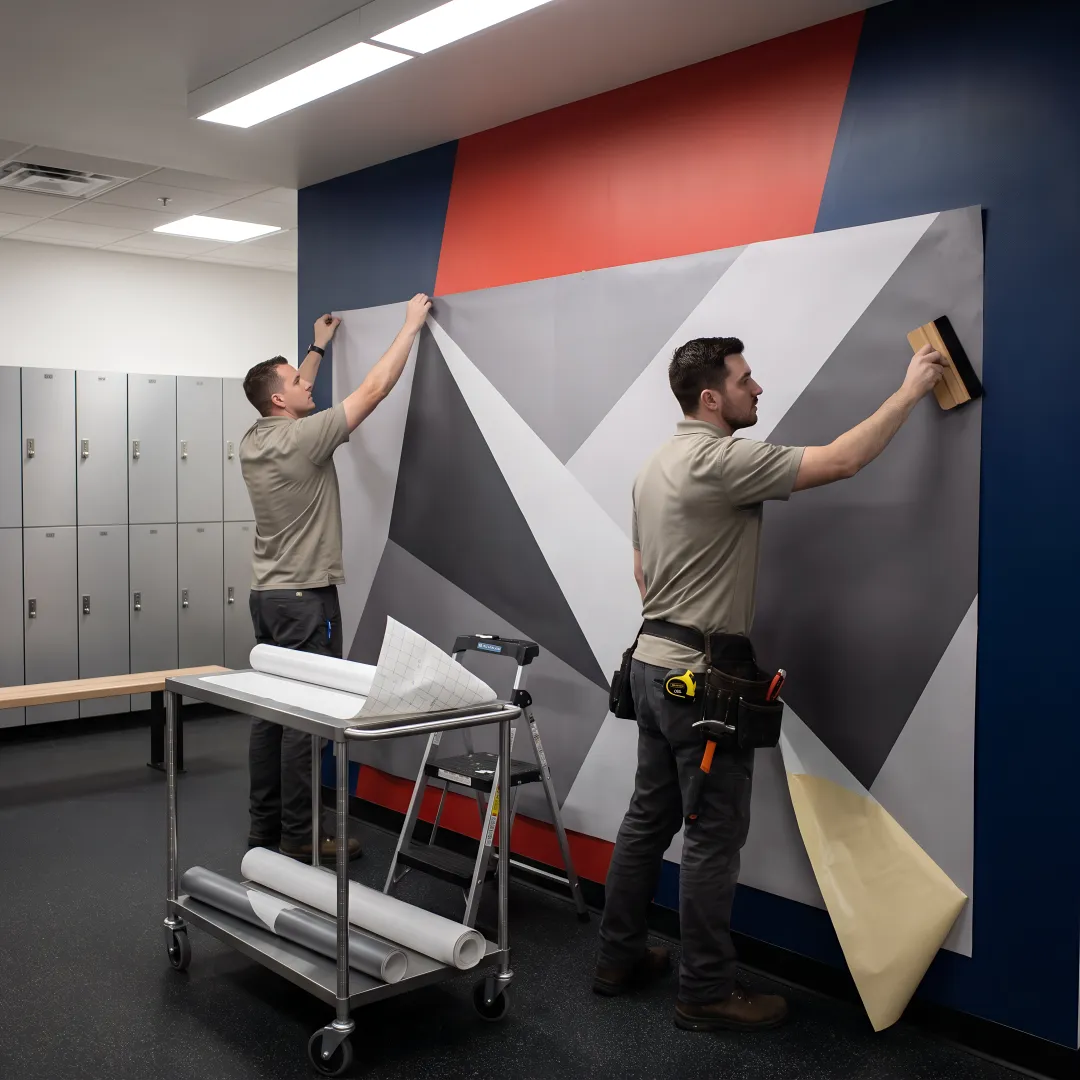 Team installing locker room wall graphics