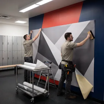 Team installing locker room wall graphics