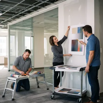 Team preparing custom wall decals for installation