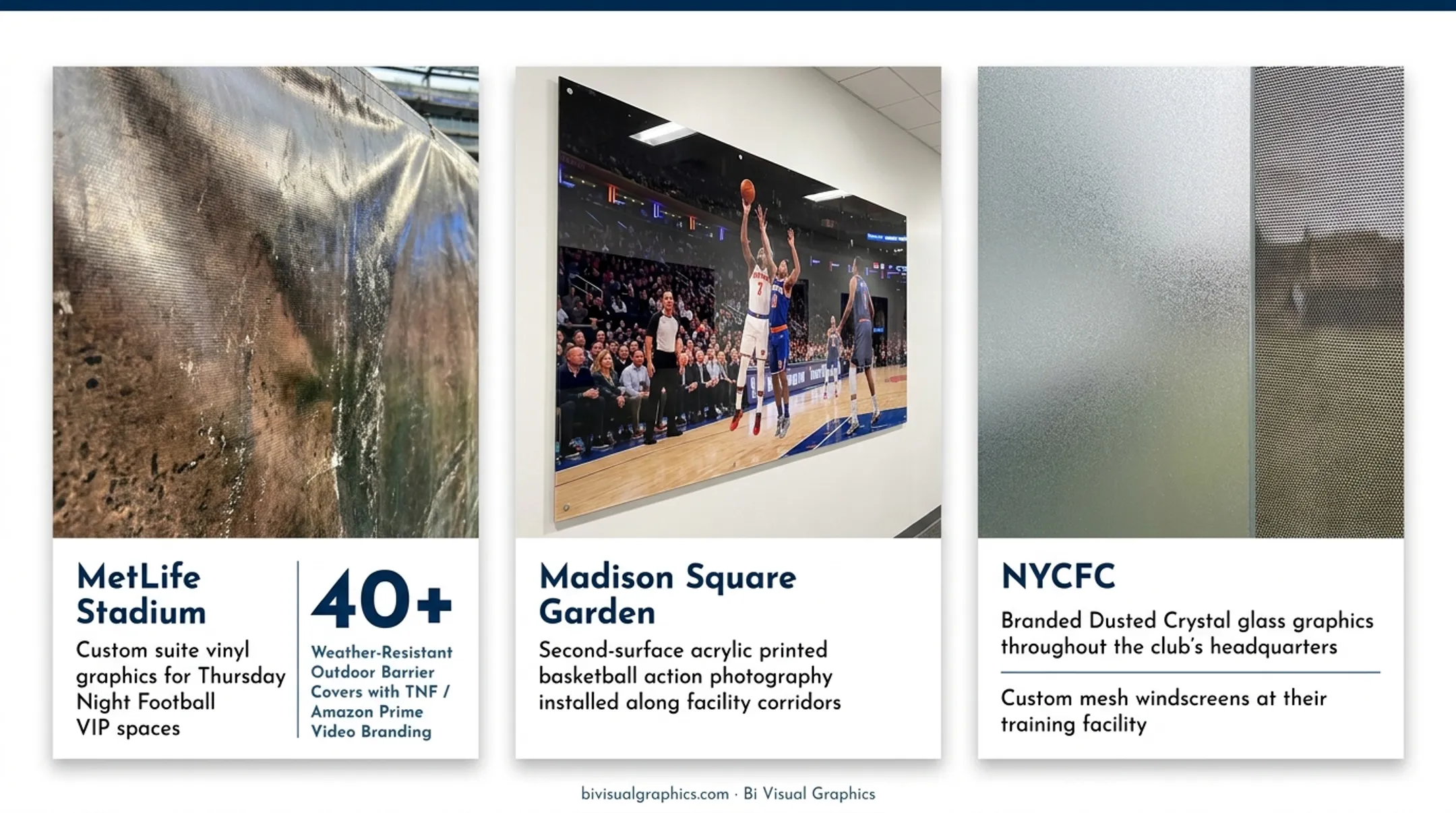 Wide format printed sports venue graphics including barrier covers and acrylic corridor panels