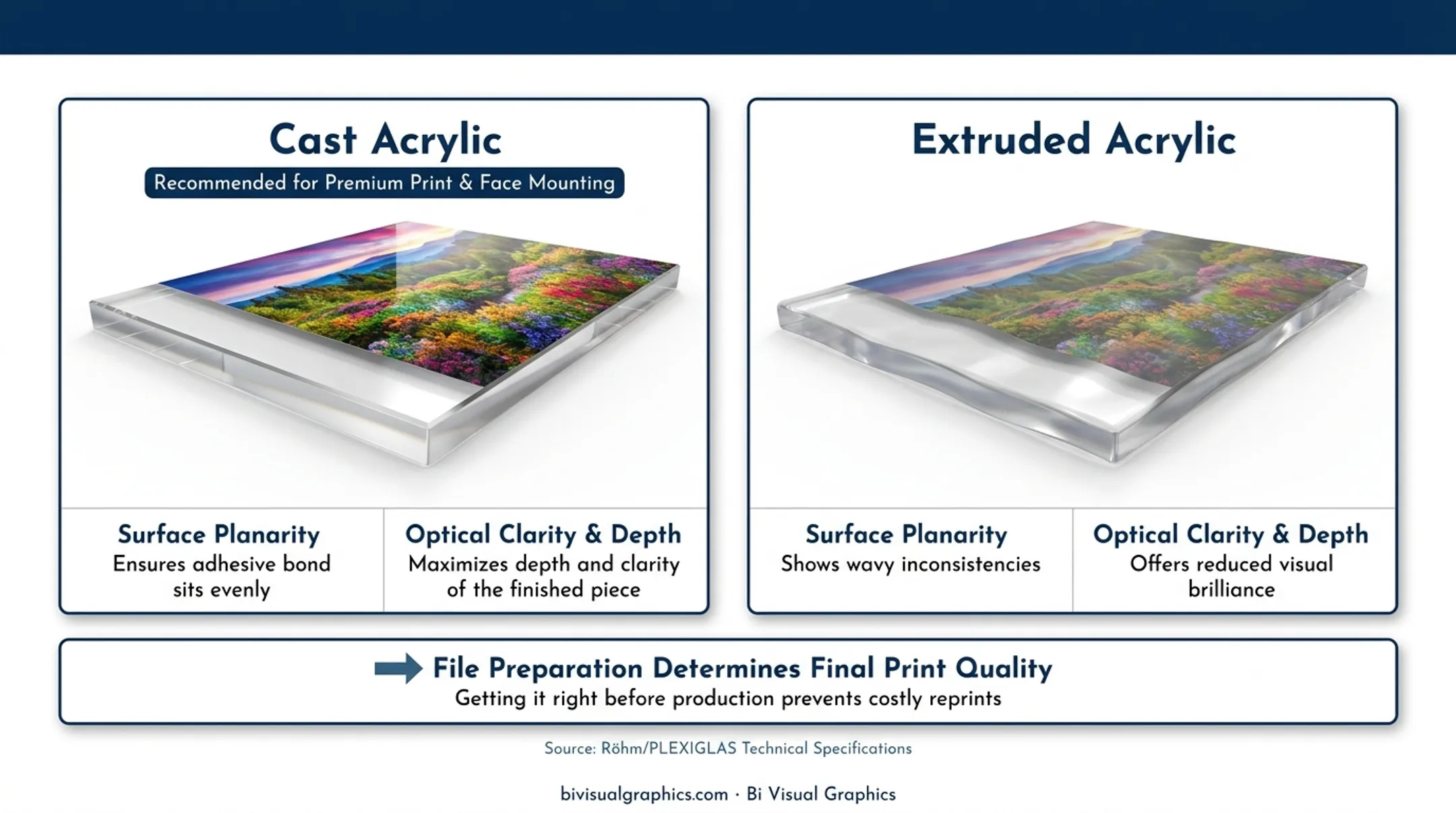 Cast acrylic versus extruded acrylic side-by-side property comparison infographic