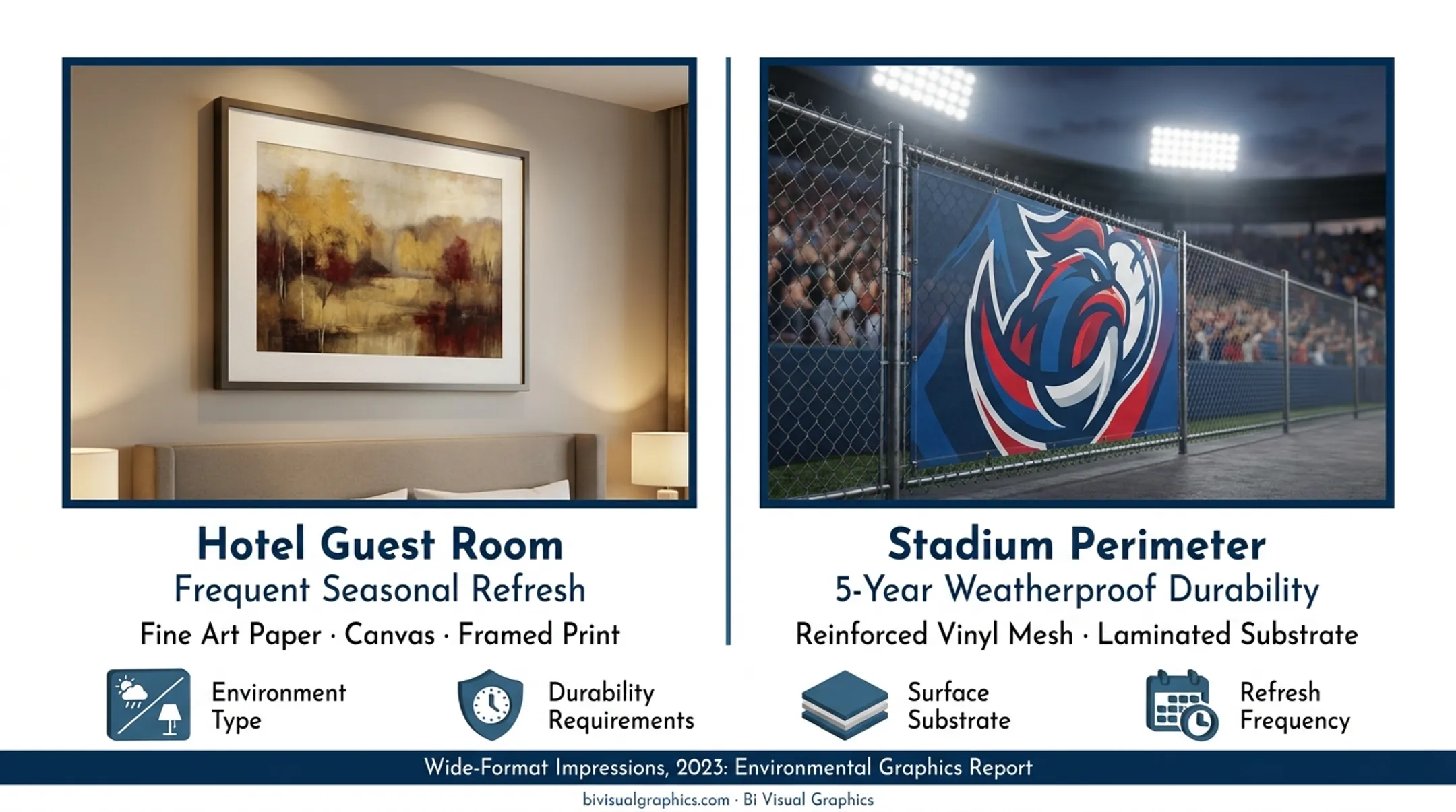 Six commercial wall graphics format types comparison chart for 2026