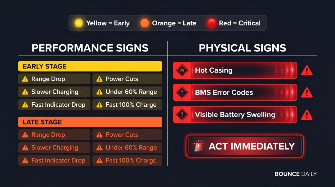 Electric scooter battery warning signs from early stage to critical failure indicators