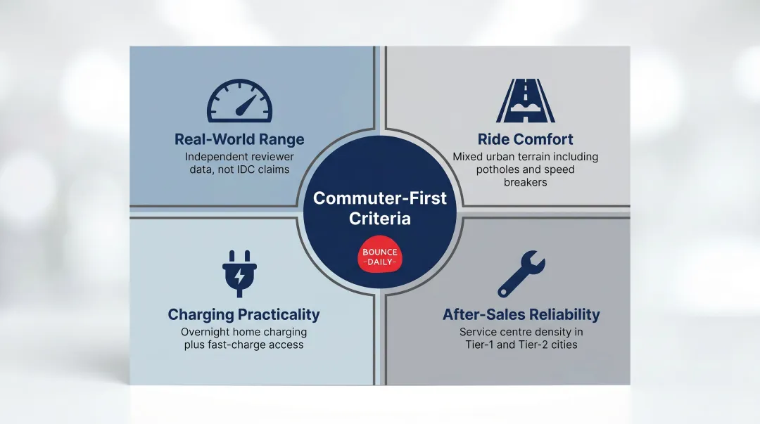Four commuter-first evaluation criteria used to shortlist best electric scooters 2026