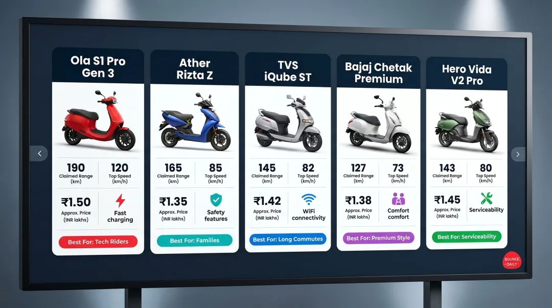 Top five 2026 electric scooters for Indian commuters side-by-side comparison table