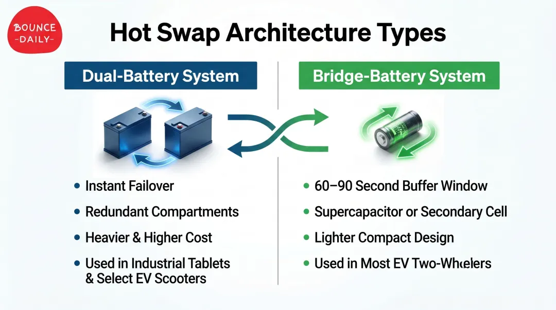 Dual-battery versus bridge-battery hot swap system architecture comparison infographic