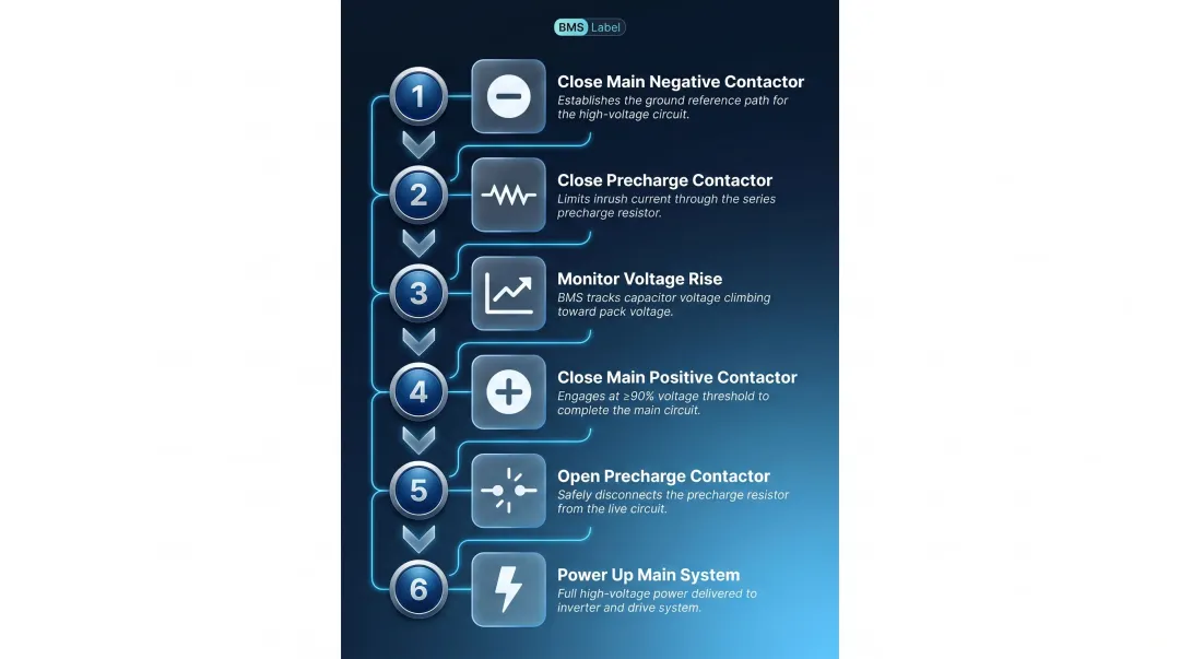 Six-step BMS contactor sequence for safe hot swappable battery connection process