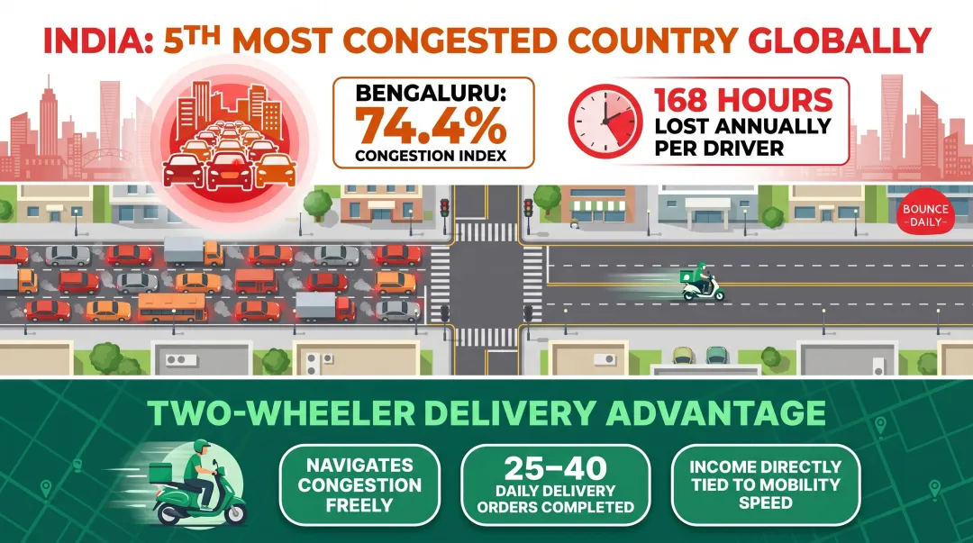 India urban congestion impact on two-wheeler delivery earnings and daily orders infographic