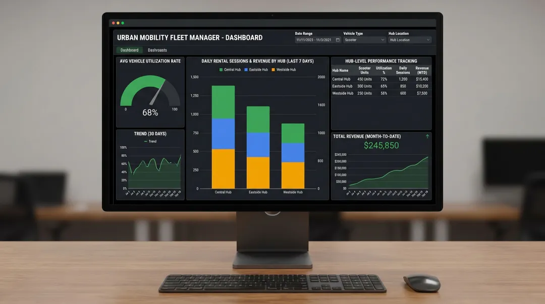 Fleet utilization dashboard showing revenue per vehicle and rental session data
