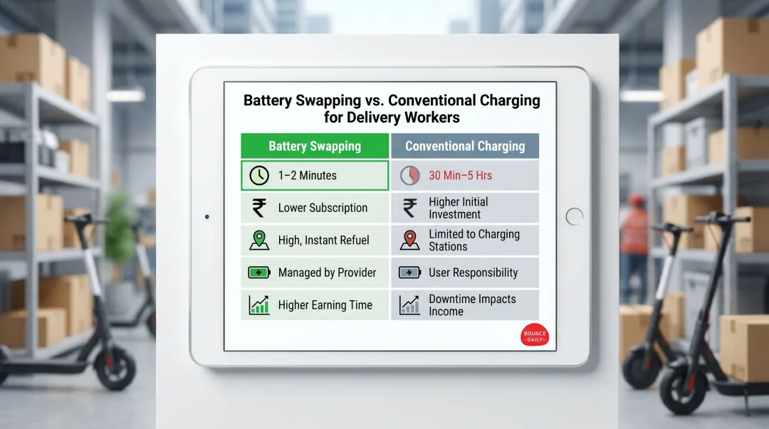 Battery swapping versus conventional charging five-dimension comparison table for delivery workers