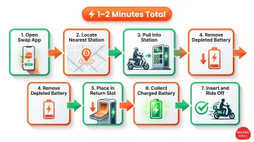 7-step battery swap station process flow for two-wheeler riders