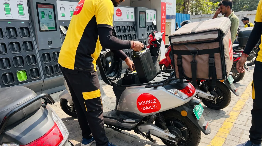 Bounce Daily electric scooter at battery swap station with delivery partner exchanging battery pack