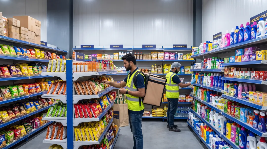 Quick commerce dark store warehouse with organized inventory and delivery partner picking groceries