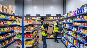 Quick commerce dark store warehouse with organized inventory and delivery partner picking groceries