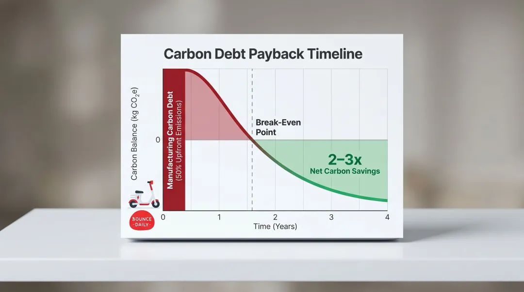E-scooter carbon debt payback timeline showing manufacturing versus operational emissions savings