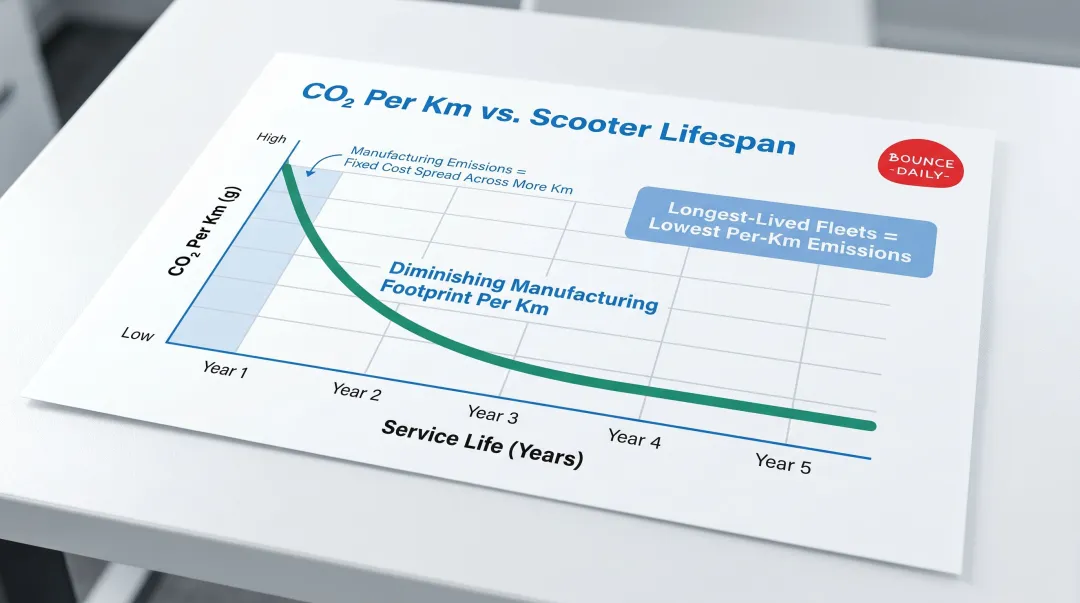 E-scooter lifecycle CO2 per kilometre reduction as operational lifespan increases over years