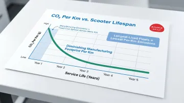 E-scooter lifecycle CO2 per kilometre reduction as operational lifespan increases over years