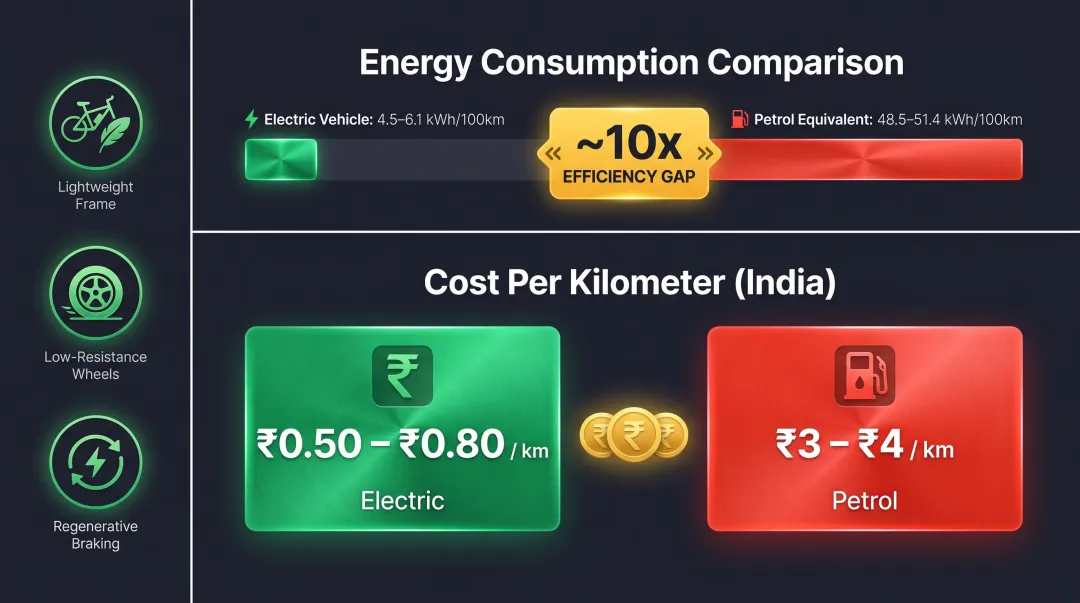 Electric scooter energy efficiency factors versus petrol scooter cost and consumption comparison