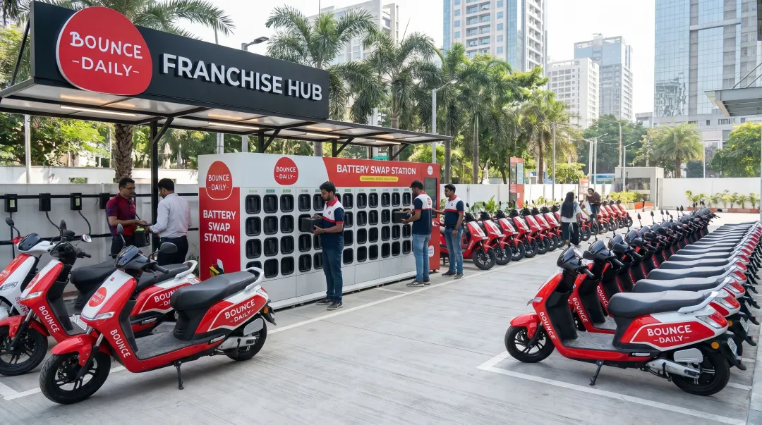 Bounce Daily FOCO franchise partner hub with EV scooters and battery swap station