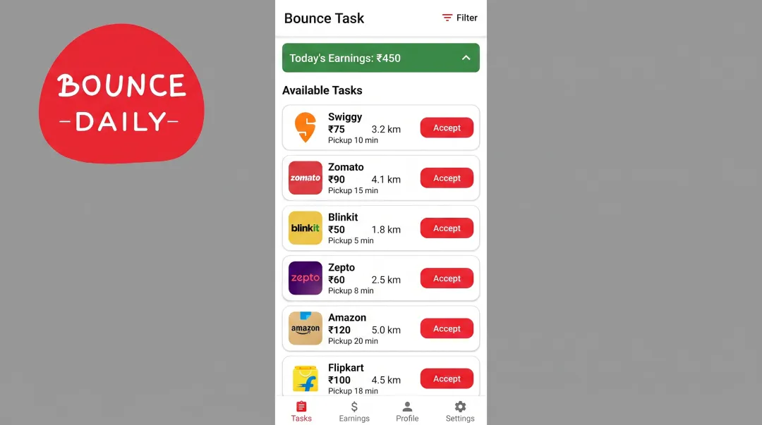 Bounce Task mobile app interface showing multiple delivery platform opportunities and earnings dashboard