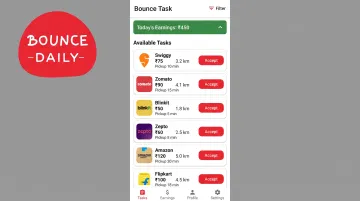 Bounce Task mobile app interface showing multiple delivery platform opportunities and earnings dashboard