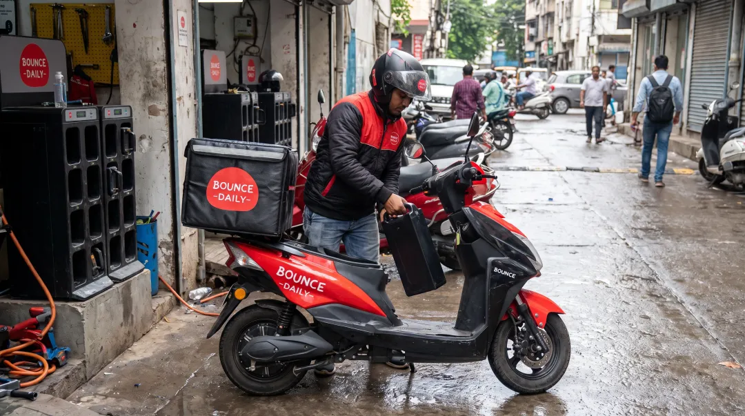 Bounce Daily electric scooter with swappable battery system at charging hub station