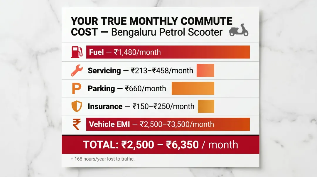 Monthly petrol scooter commute cost breakdown for Bengaluru 15km route