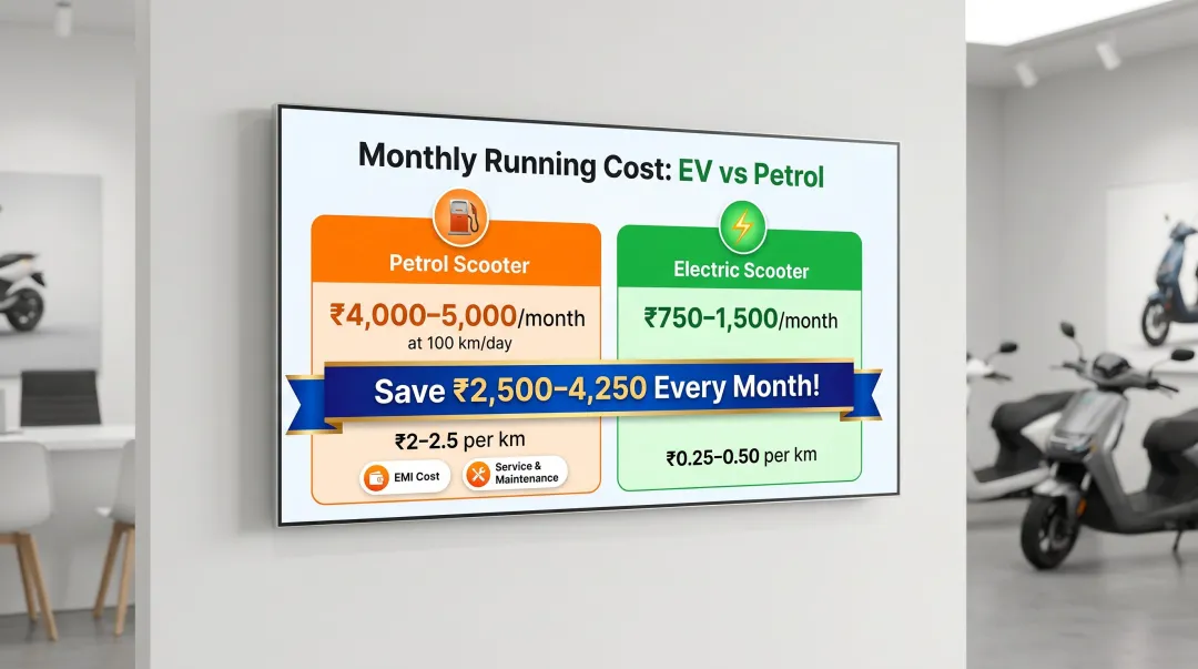 Electric scooter versus petrol scooter monthly fuel cost savings comparison infographic