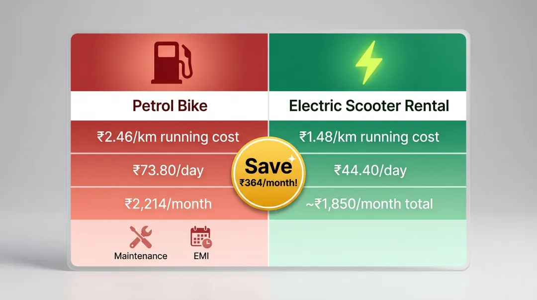 Monthly commute cost comparison petrol bike versus electric scooter rental savings breakdown
