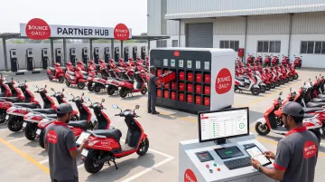 Bounce Daily electric scooter fleet at hub location with battery swapping station and GPS tracking technology