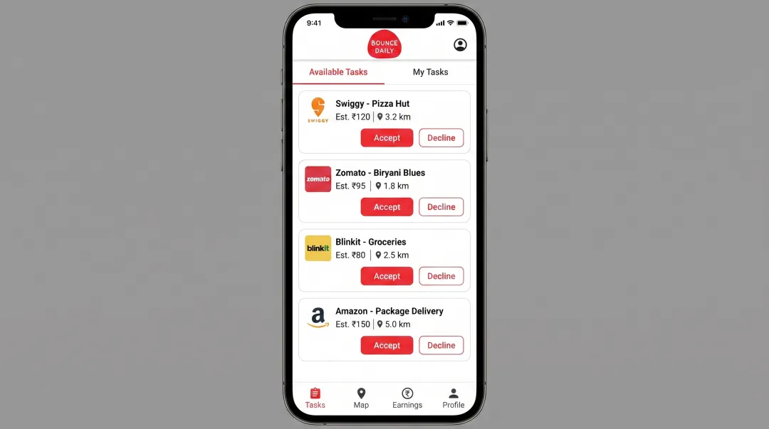 Bounce Task multi-platform delivery app interface showing order opportunities from multiple networks