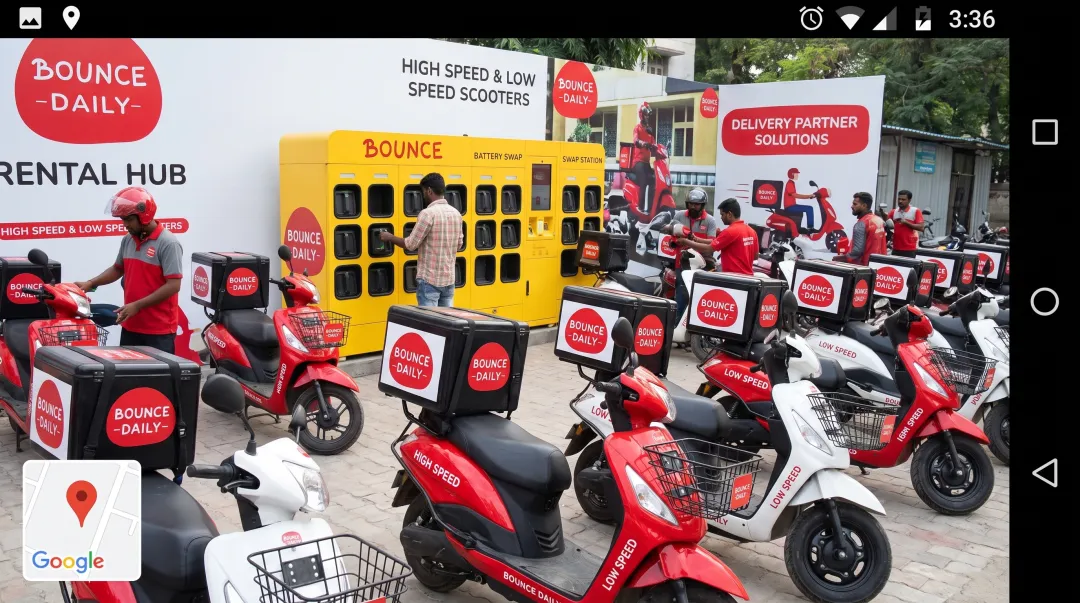 Bounce Daily electric scooter High Speed and Low Speed variants at rental hub with delivery equipment